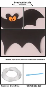 Detail of Halloween DIY bat decorations including black felt bats, string, and plastic needle