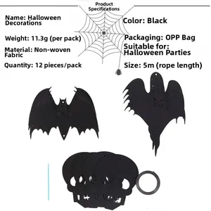 Detail view of 12pcs black non-woven Halloween hanging set with skull and bat shapes