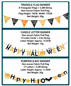 Three Halloween non-woven felt banners featuring pumpkins, stars and Happy Halloween text