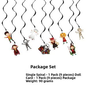 Detail of Halloween party set with 9 hanging swirls and diverse spooky character cards