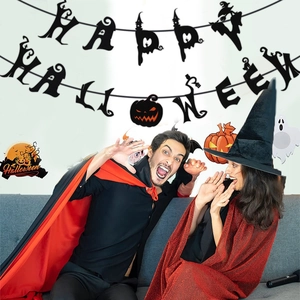Detailed Halloween party set with Happy Halloween felt banner and pumpkin decor