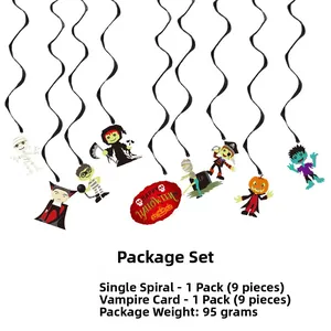 Detail of Halloween spiral ceiling swirls with cartoon vampire, mummy, and pumpkin motifs