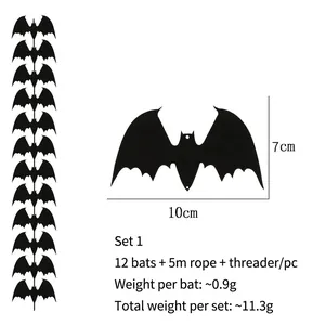 Set of 12 black Halloween bat hanging decorations with 5m rope and threading needle tool