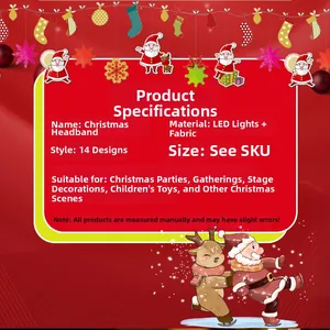 Cuadro de especificaciones técnicas para diademas navideñas LED con detalles del producto