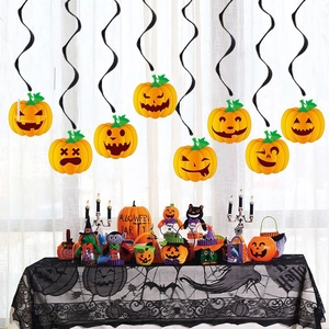 Halloween party decoration set featuring pumpkin swirls, witch dolls and spider lace tablecloth