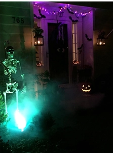 Déco de porche d'Halloween avec squelette lumineux, LED mauves et chauves-souris