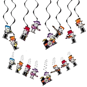 Close-up of Halloween rock band skull hanging swirls with vibrant double-sided printing