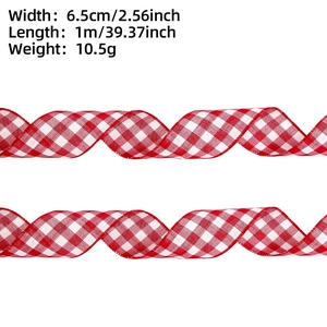 Detail view of 6.5cm wide red and white plaid ribbon for Christmas tree decoration