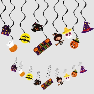 Detailed set of Halloween spiral hanging decorations with ghosts, pumpkins and black cats