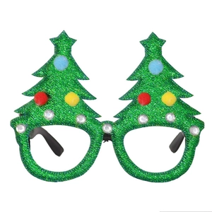 Lunettes de fête sapin de Noël avec paillettes vertes, pompons et strass brillants