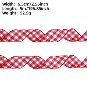 Close-up of red and white plaid Christmas ribbon with 6.5cm width and 5m length specs