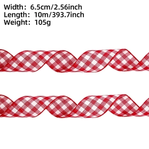 Detail view of 6.5cm wide red and white plaid ribbon for Christmas gift wrapping