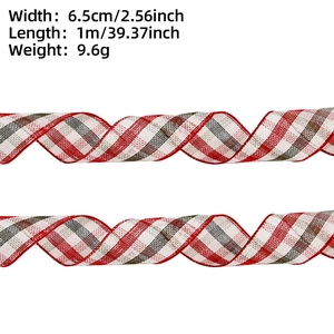 Detail view of 6.5cm wide red and white plaid Christmas ribbon with size specifications