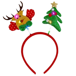 LED Christmas headband featuring yellow plush reindeer and green sequin tree with lights