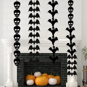 Halloween black felt bat and skull hanging banner decorations for spooky party home decor