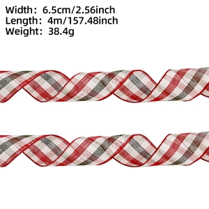 Detail showing 6.5cm wide red and white plaid ribbon with dimensions and weight specs