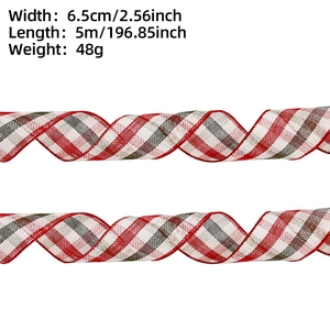 Close-up of red and green plaid Christmas ribbon with 6.5cm width and 5m length specs