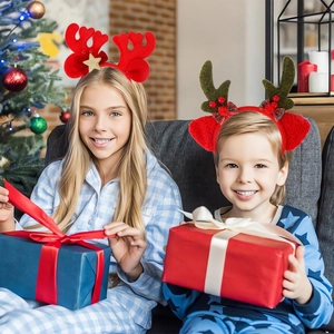 Serre-têtes bois de renne de Noël pour enfants avec étoiles dorées et nœuds rouges