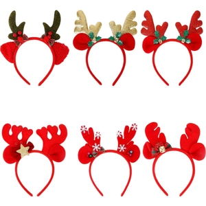 Lot de six serre-têtes bois de renne de Noël avec paillettes et décorations en peluche