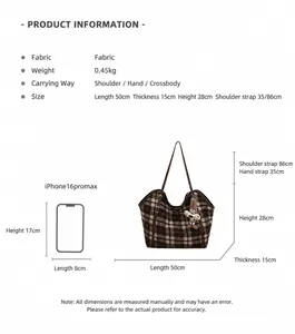 Guide des tailles du grand sac cabas à carreaux montrant les dimensions et l'échelle