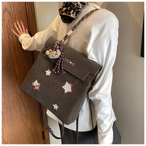 Detail of dark brown vintage backpack featuring star patches and a cute plaid bear charm