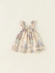 Robe sans Manches en Polyester à Imprimé Floral pour Filles Style Champêtre Français Volants Dentelle Trapèze Robe de Princesse Été Enfant