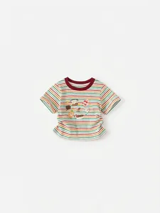 Mädchen Regenbogen Gestreift Kurzarm T-Shirt Baumwolle Cartoon Bär Hase Druck Kontrast Rundhalsausschnitt Sommer Casual Top