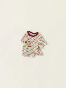 Kinder Regenbogen T-Shirt aus Baumwolle mit Comic-Drucken und rotem Rundhalsausschnitt