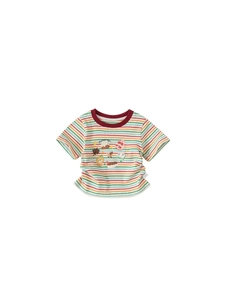 Kinder T-Shirt mit bunten Regenbogenstreifen, süßen Cartoon-Motiven und Rundhals