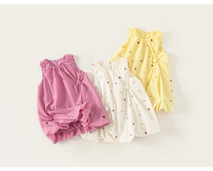 Detail of embroidered floral patterns on soft waffle cotton sleeveless baby dresses