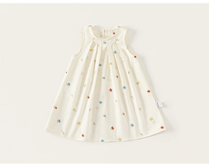 Close-up of pleated neckline and colorful cherry print on sleeveless cotton baby dress