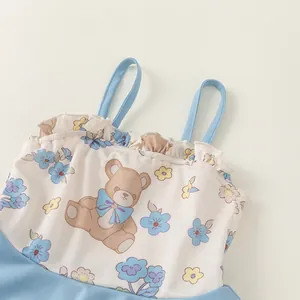 Maillot de bain fille une pièce avec motif ours floral et bretelles à volants bleues
