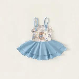 Maillot de bain bleu clair pour filles avec motifs d'ours et jupe à volants pour enfants
