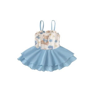 Maillot de bain une pièce pour filles avec motif ours floral et jupe à volants