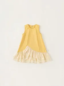 Abito Estivo Senza Maniche per Bambine Giallo Colore a Contrasto Patchwork Orlo con Volant a Strati Abito a Trapezio in Cotone
