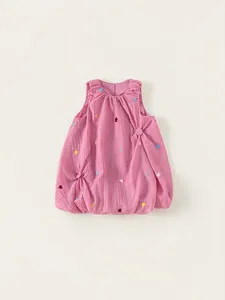 Pink cotton linen girl dress with sleeveless design and colorful star heart embroidery