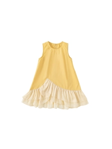 Abito estivo giallo smanicato linea A per bambine con balze color crema sul fondo