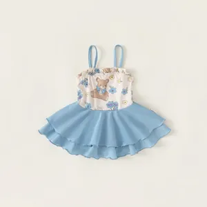 Maillot de Bain Une Pièce pour Filles Ours de Dessin Animé Imprimé Floral Volant Fines Bretelles pour Enfants Plage Vacances
