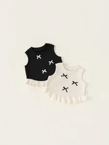 Gilet da Bambina in Dolce Cotone Senza Maniche Con Fiocchi e Finiture in Pizzo Canotta Estiva in Maglia per Bambini