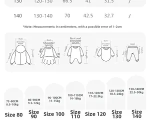 Detailed size chart for boys sleeveless rompers with measurements for heights 80cm-140cm