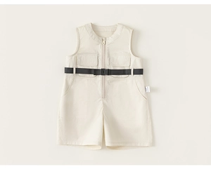 Detail of baby boy sleeveless utility romper with zipper and adjustable belt