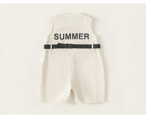 Detail view of cream beige kids romper with black SUMMER print and buckle belt