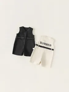 Boys Summer Sleeveless Cargo Romper 100% Cotton Letter Print Summer One Piece Jumpsuit With Belt Zipper Kids Casual Clothes