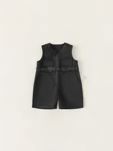 Boys black sleeveless utility romper with zipper and belt for summer outdoor fashion