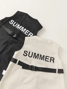 Boys summer cotton utility rompers in black and beige with Summer back print and belt