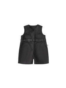 Boys black sleeveless utility jumpsuit with functional pockets and buckle belt detail