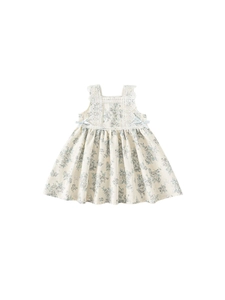 Sweet floral summer dress for girls with white lace collar and light blue bows decoration