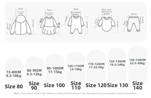 Size guide for girls cartoon t-shirt showing height and weight measurements from 80 to 140cm