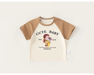 Close-up of raglan sleeves and cute cartoon girl print on cotton kids t-shirt