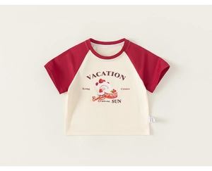 Detail of baby raglan T-shirt with dessert print and burgundy sleeves on cream fabric